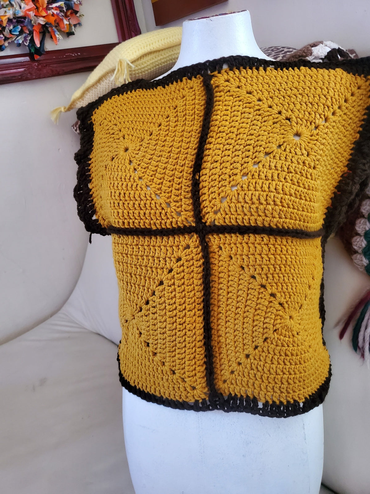 Brown/Gold /Orange Upcycled Granny Square Vest