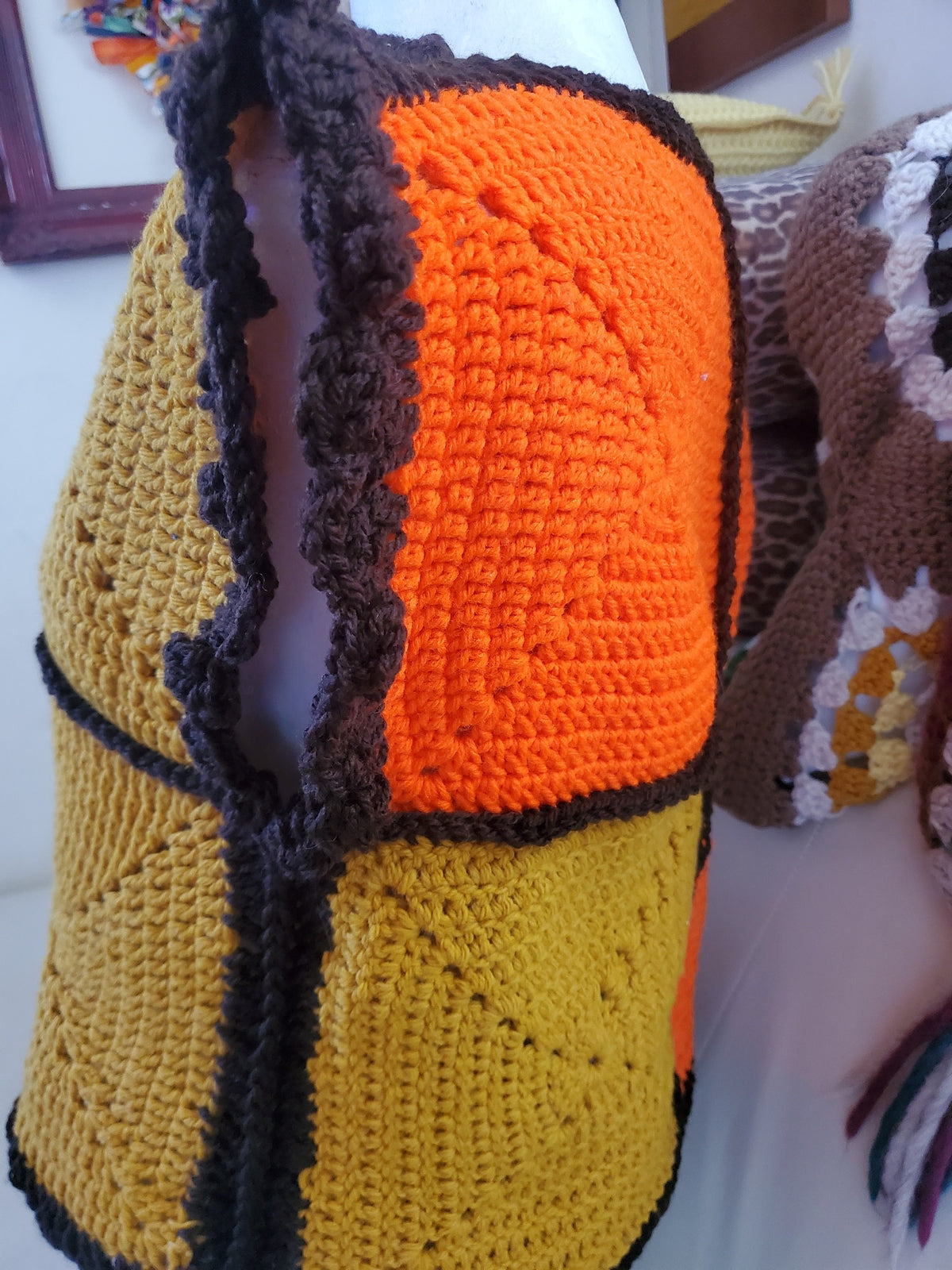 Brown/Gold /Orange Upcycled Granny Square Vest